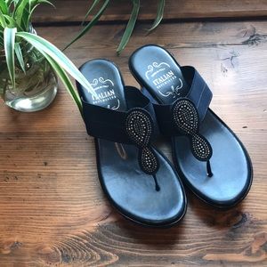 Navy wedge sandals with rhinestones